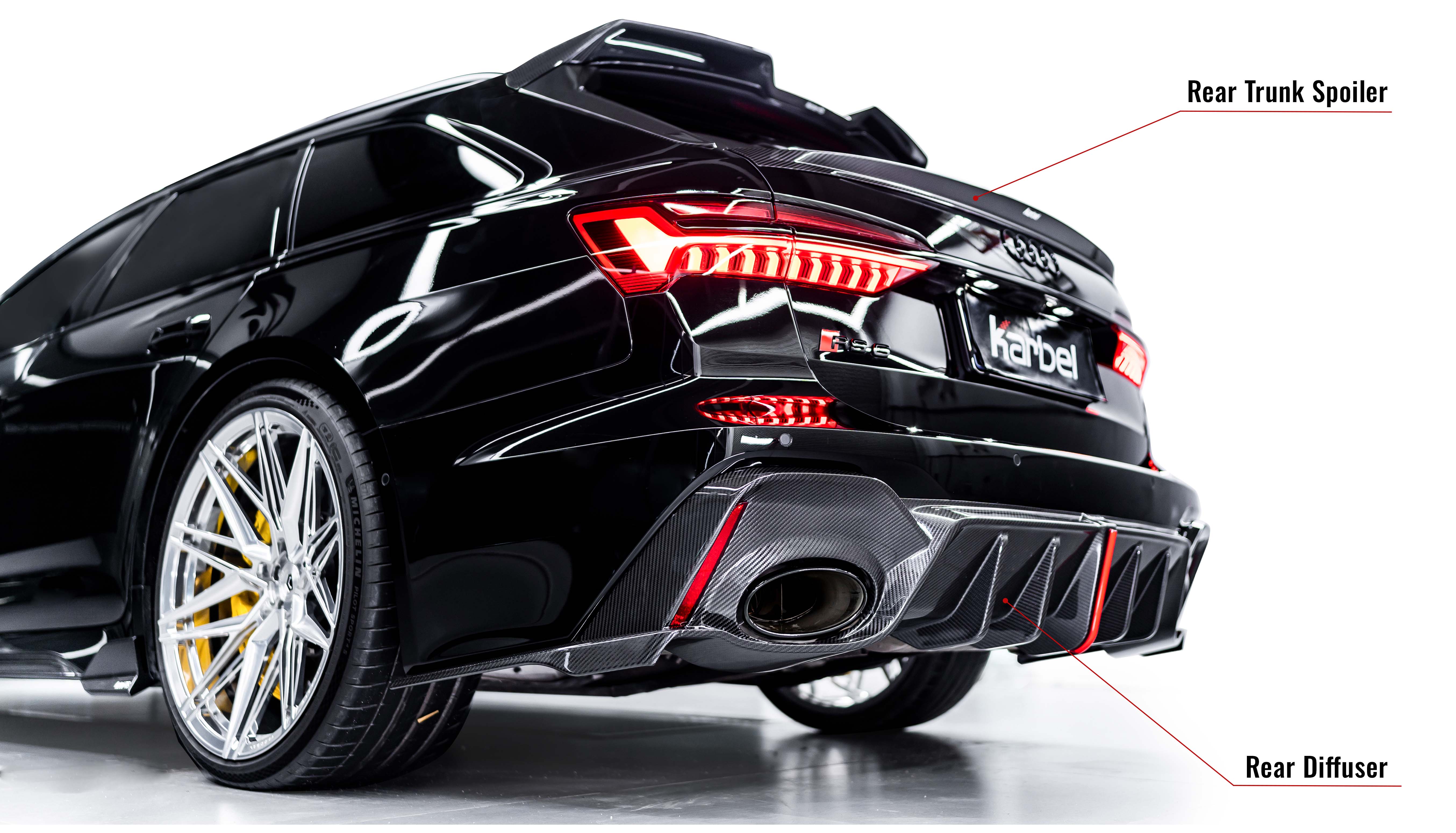 Karbel front lip Spoiler, rear wing Diffuser 3K woven texture Dry Carbon Fiber Complete vehicle kit Side skirts front fender molding For Audi RS6 2020+