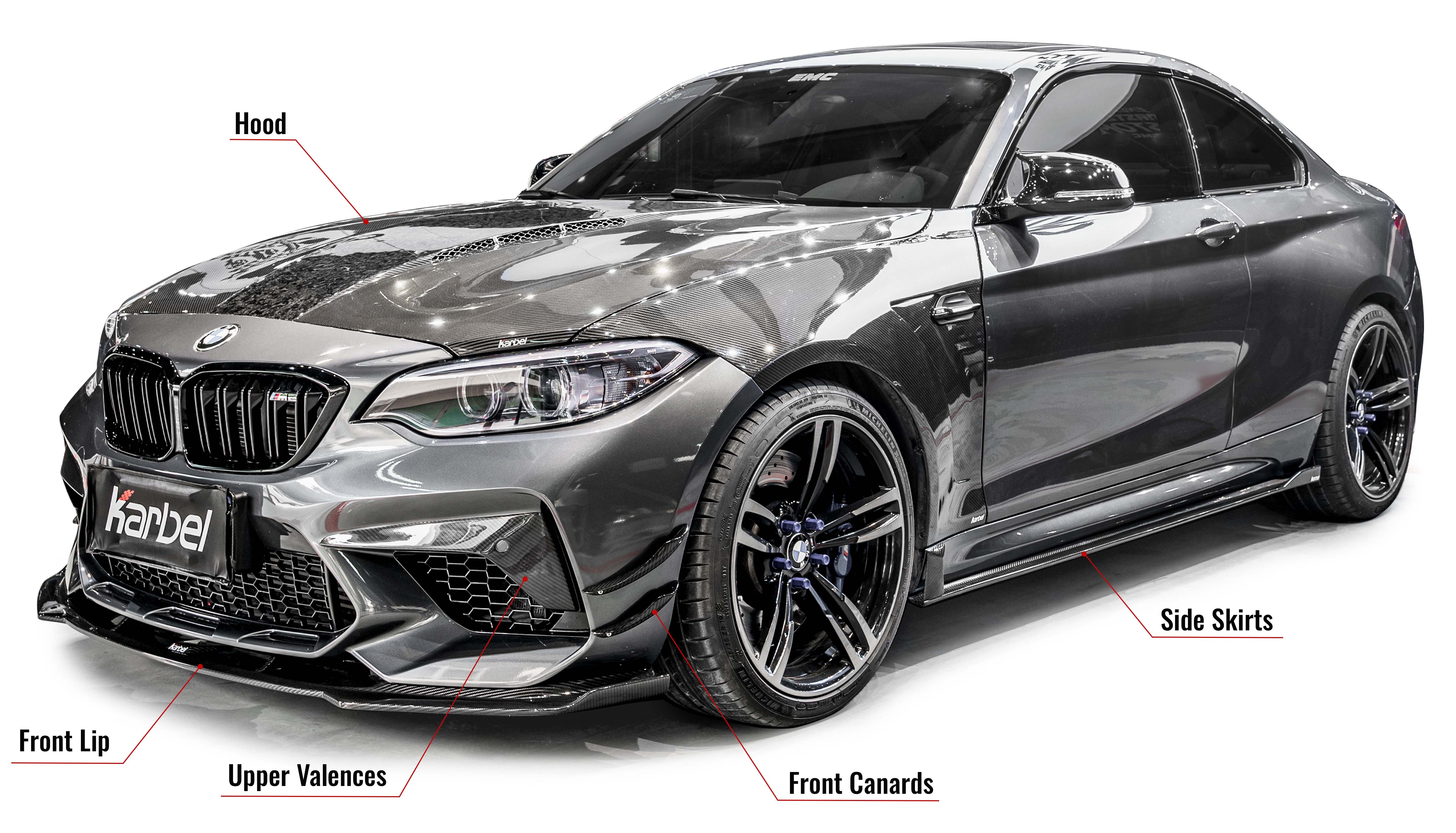 Karbel hood diffuser front lip side skirts spoiler 3K glossy woven pattern dry carbon fiber Wind for BWM M2 F87 (2016-2022)