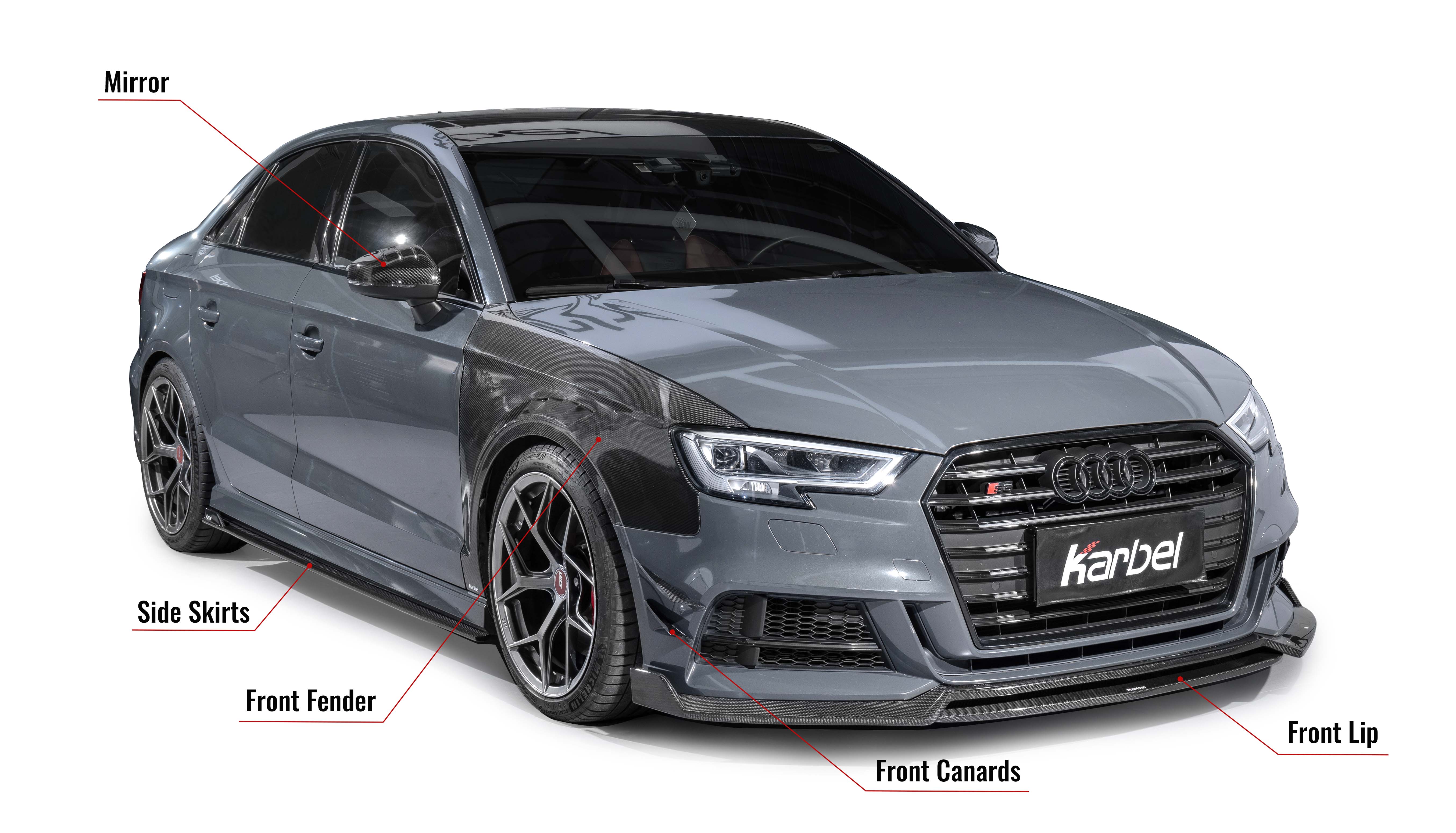 Karbel fender front lip hood rear diffuser spoiler side skirts 3K black twill weave texture dry carbon fiber body kit for Audi S3 2017-2019