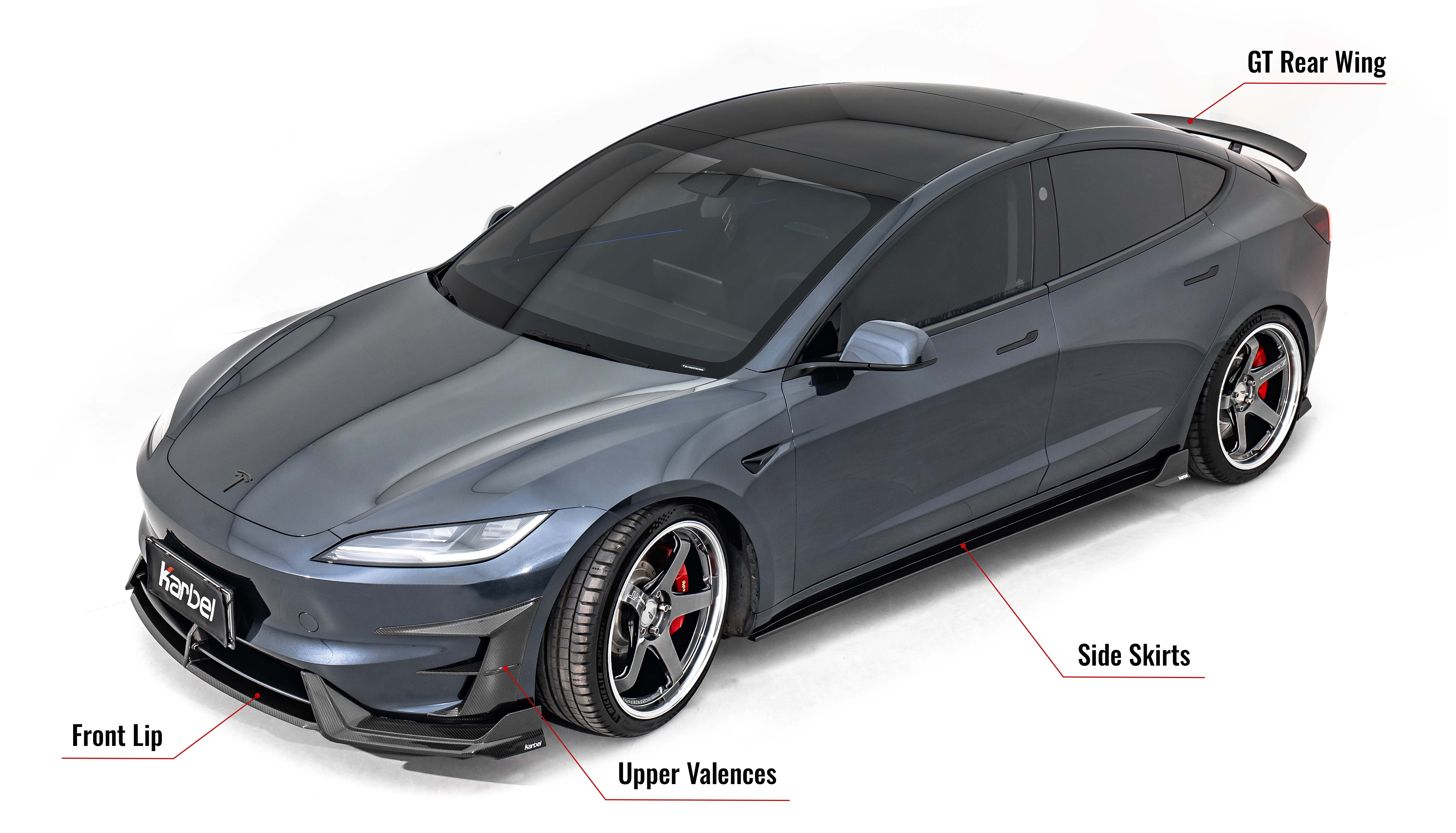 Karbel front lip Spoiler, rear wing Diffuser 3K woven texture Dry Carbon Fiber Complete vehicle kit canard wings For Tesla model 3 Performance 2024+