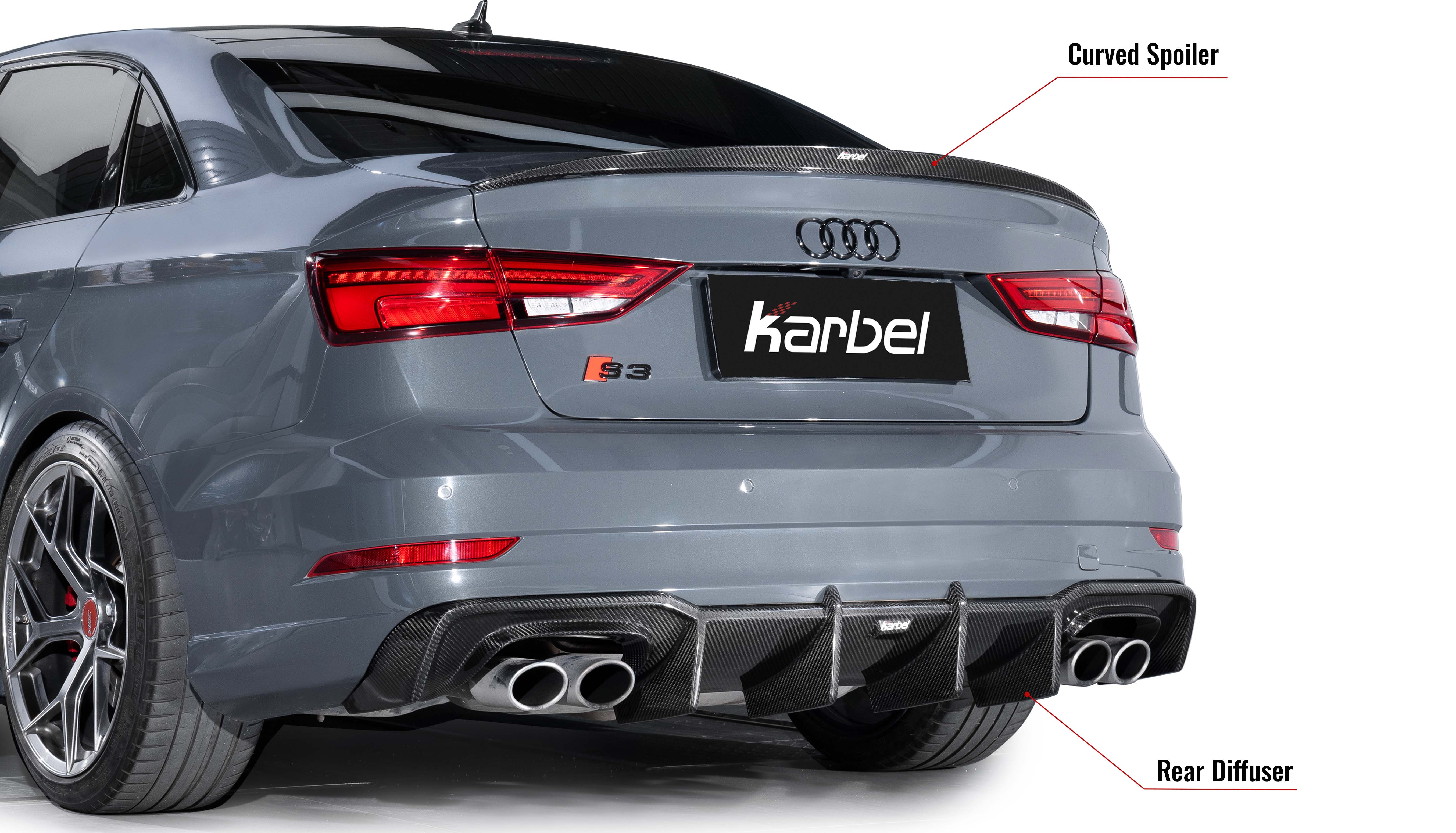 Karbel fender front lip hood rear diffuser spoiler side skirts 3K black twill weave texture dry carbon fiber body kit for Audi S3 2017-2019