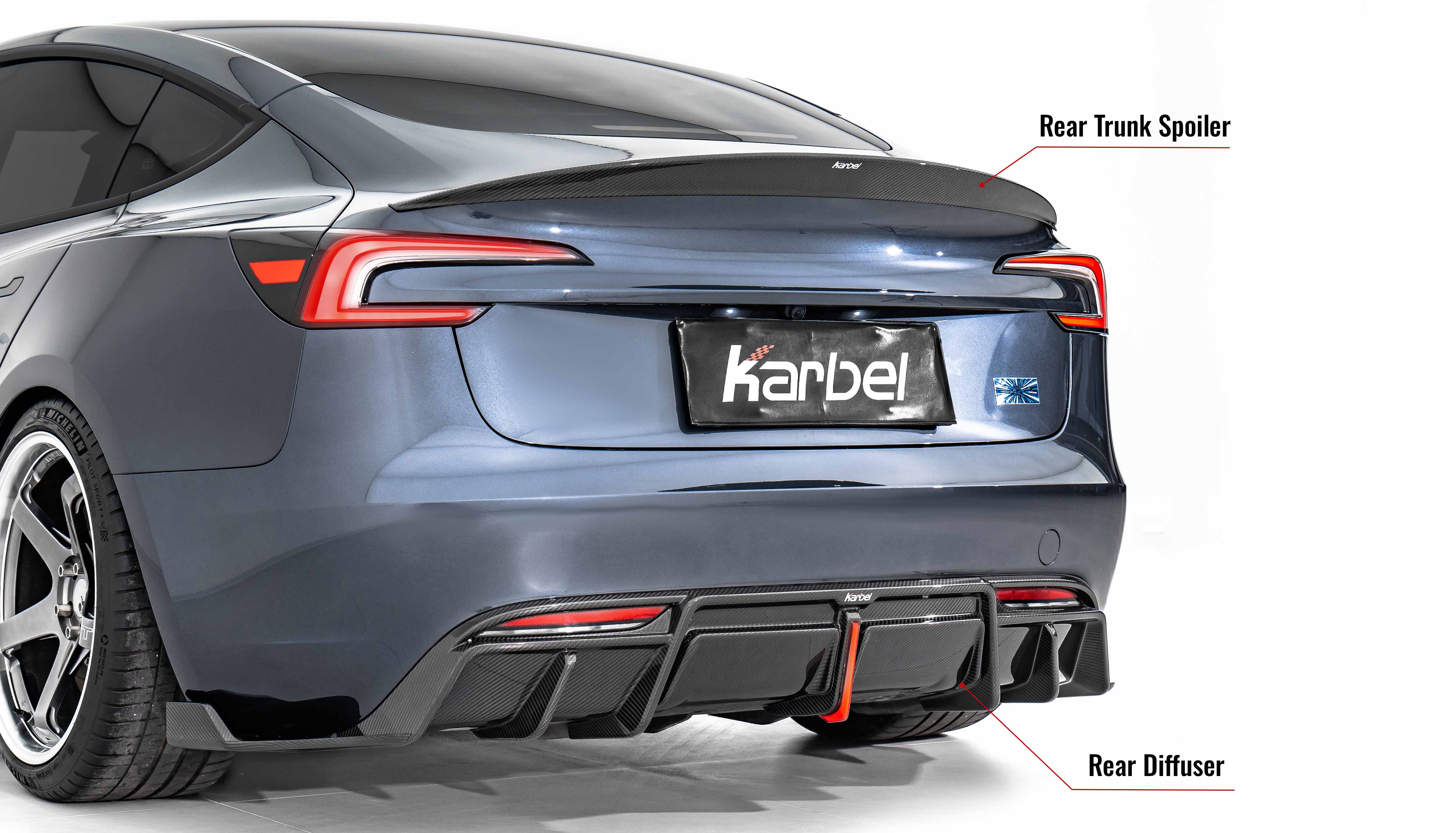 Karbel front lip Spoiler, rear wing Diffuser 3K woven texture Dry Carbon Fiber Complete vehicle kit canard wings For Tesla model 3 Performance 2024+